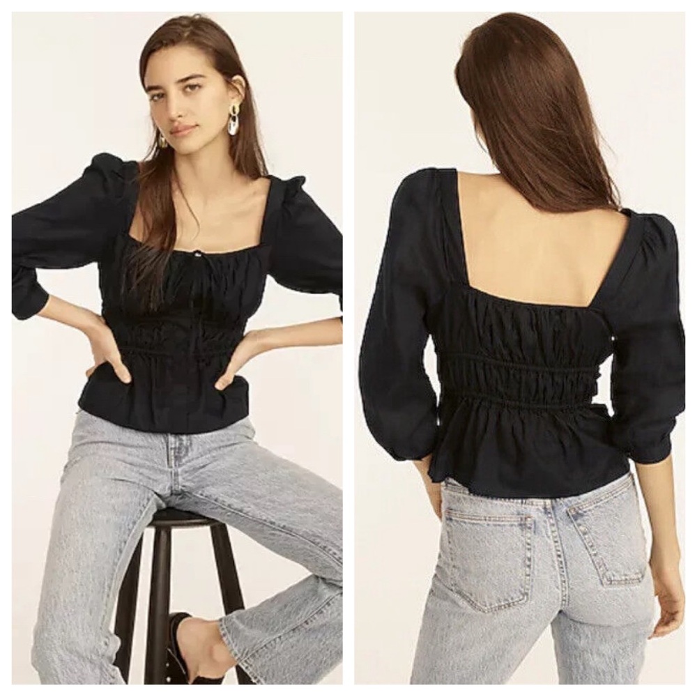 J Crew 🖤 Cinched Waist Top in Herringbone Cotton Black Size 8